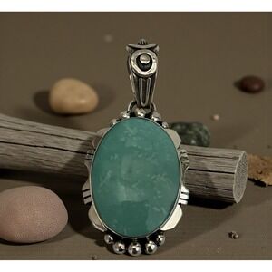 Navajo Native American Leroy Silver Sterling Silver Turquoise‎ Kingman Pendant